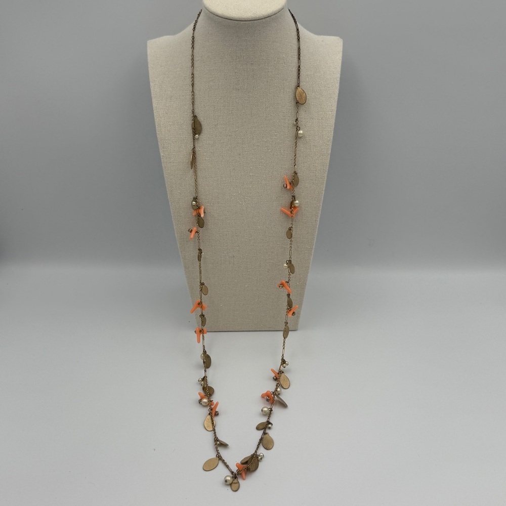 J.Crew Long Coral Bead Coin Charm & Pearl Station Necklace